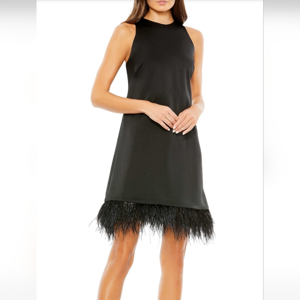 MAC DUGGAL FEATHERED HEM HIGH NECK SLEEVELESS A LINE DRESS